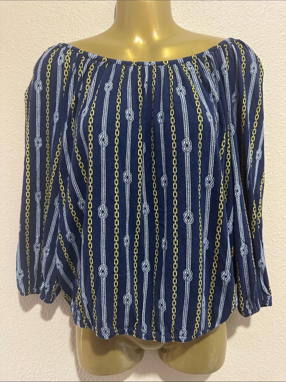 MICHAEL KORS Navy Chain-Print Off-Shoulder Women's Knit Top, Size M